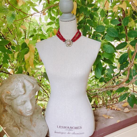 VTG Signed Avon Multistrand Red Bead Rhinestone Statement Necklace Unique Retro - Picture 7 of 11